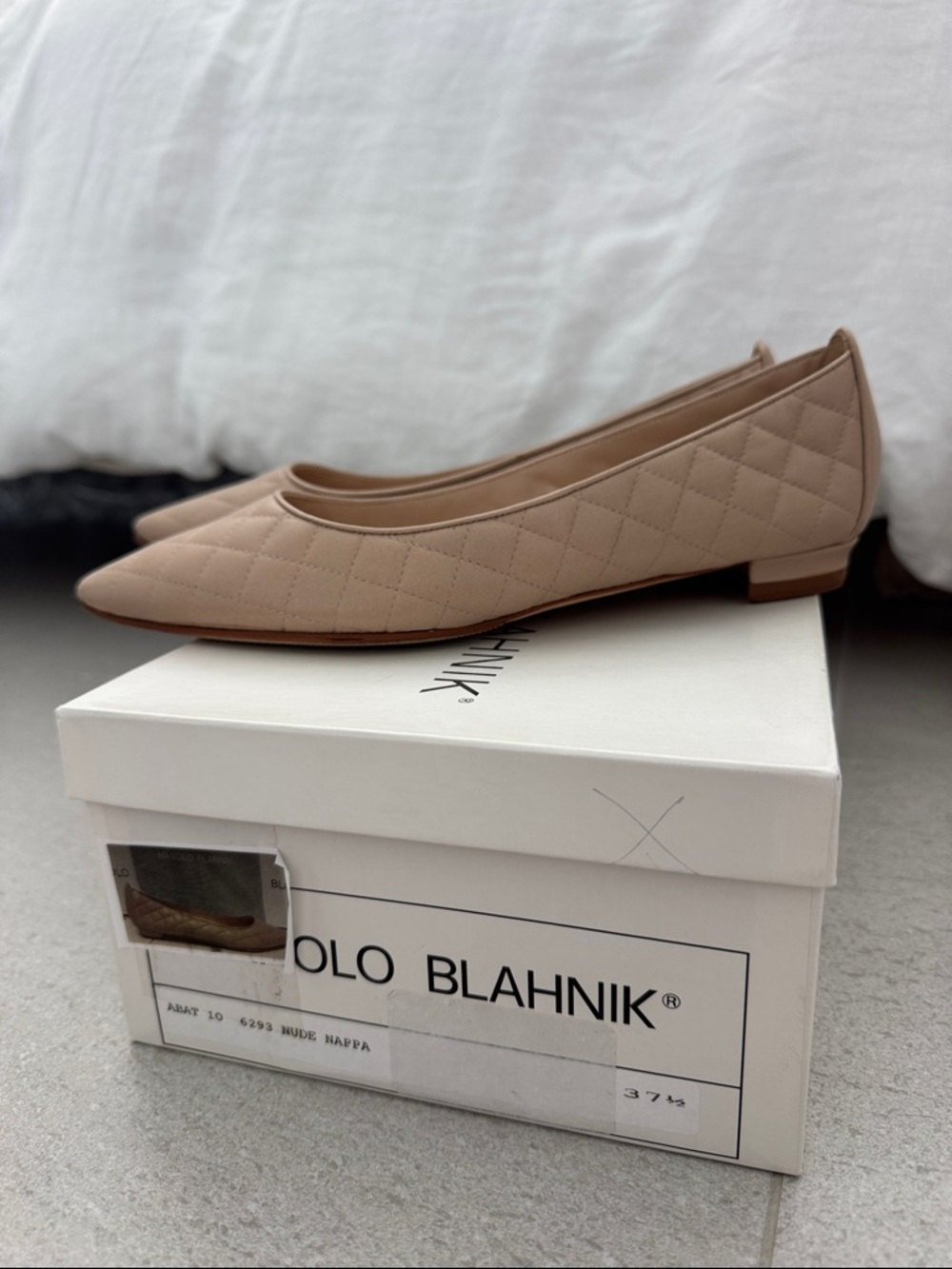 Manolo Blahnik Quilted Pointed-Toe Flats in Taupe